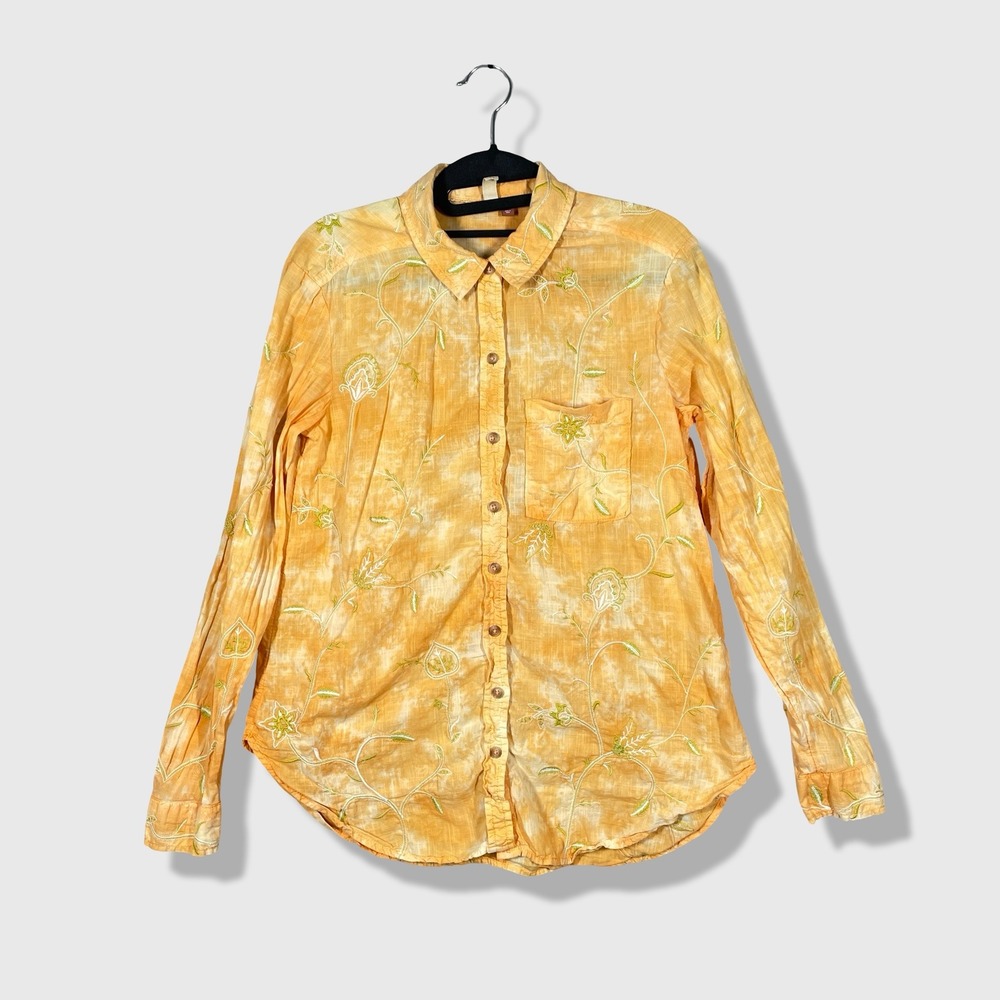Pilcro Button Down Shirt Womens XS Orange Floral Embroidered Boho Tie Dye Cotton